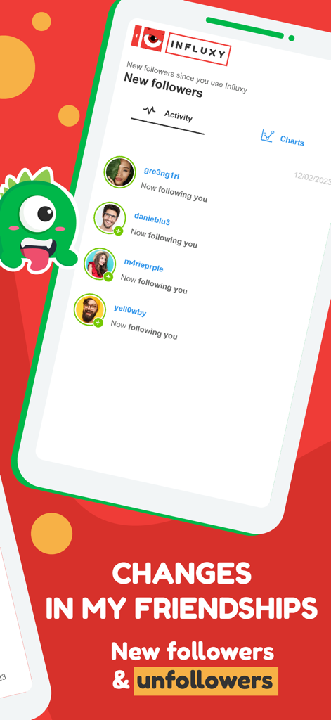 Influxy app screenshot showing a list of new followers and friendship changes