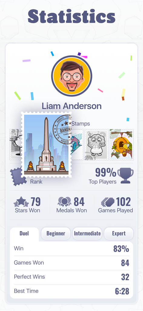 Sudoku Multiplayer Challenge - Panel de estadísticas del jugador que muestra el rango competitivo y las medallas en Sudoku Multiplayer Challenge