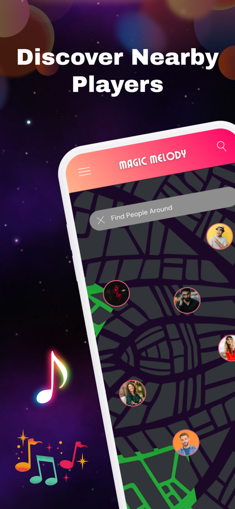 Magic Melody+ - Magic Melody app screen showing a map feature to discover nearby piano players