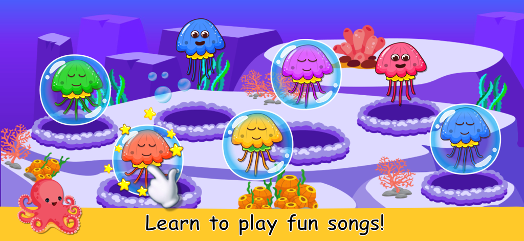 Musical Game for Kids NEW - Una pantalla de un juego musical para niños que muestra medusas coloridas en burbujas en un entorno submarino.