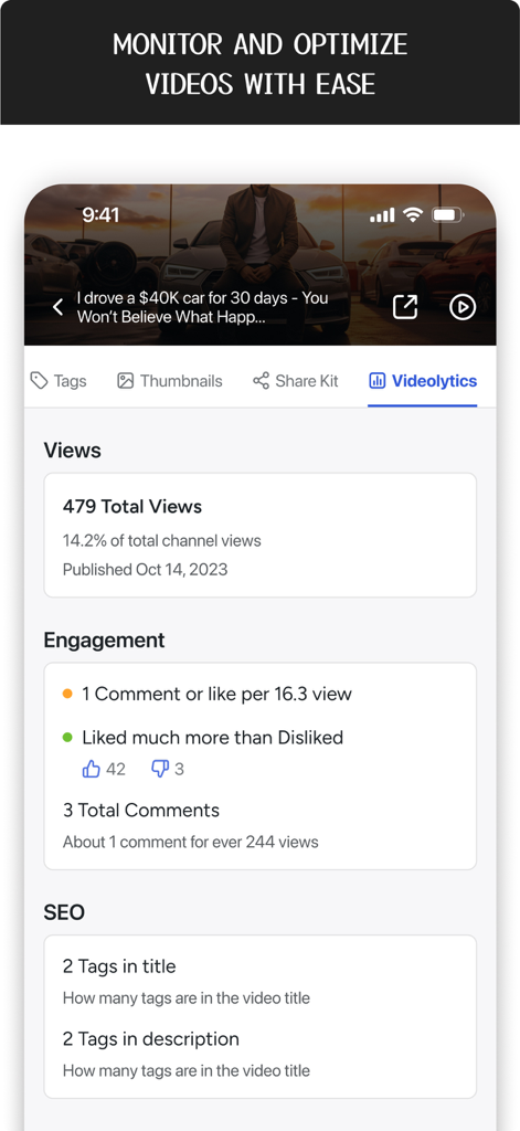 TubeBuddy - TubeBuddy app screen displaying video analytics including views engagement and SEO metrics for a YouTube creator