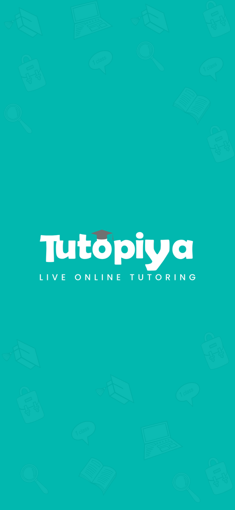Tutopiya - Tutopiyaアプリのスプラッシュスクリーン。ライブオンライン家庭教師の会社ロゴとタグラインが表示されています。