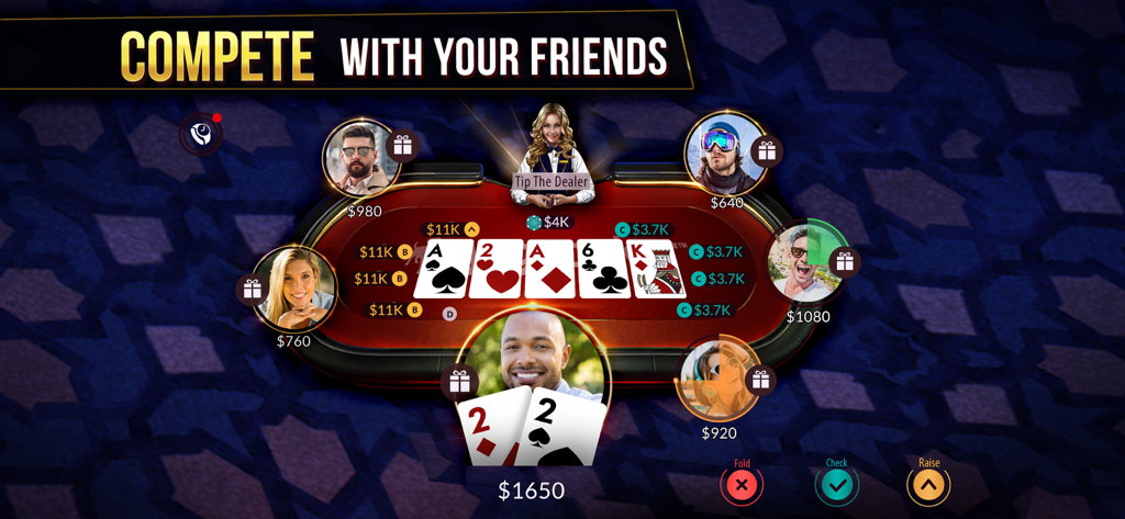 Zynga Poker Texas Holdem gameplay screen showing a virtual table with community cards and player avatars