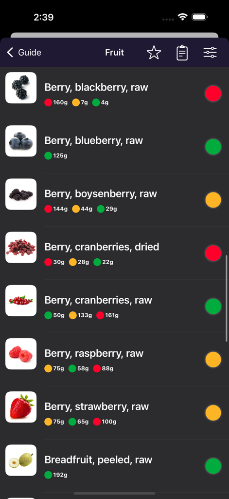 Monash FODMAP Diet - Eine Liste von Früchten im Monash FODMAP Diät-App Lebensmittelratgeber mit grünen, gelben und roten Ampelbewertungen