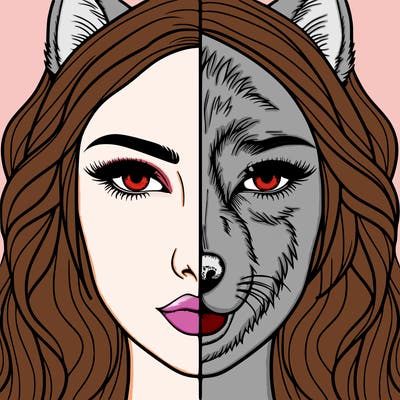 split face realistic woman and wolf