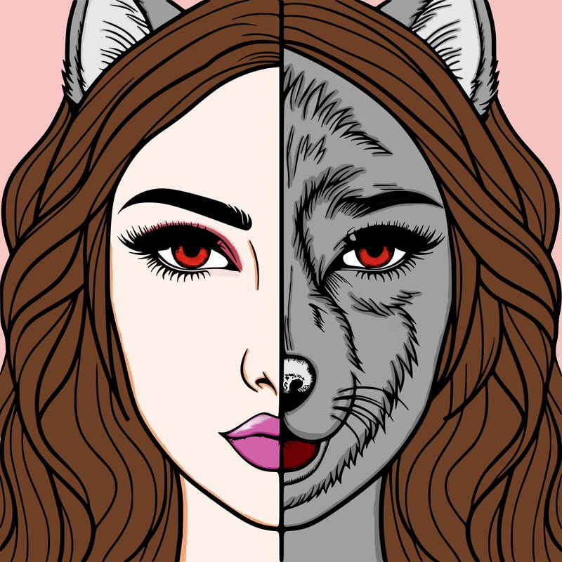 split face realistic woman and wolf