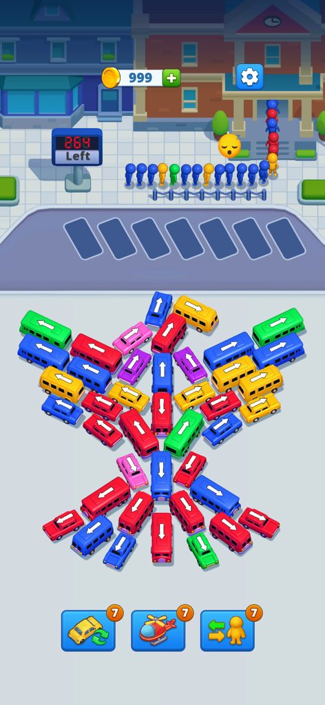 Bus Parking Jam: Chaos Escape - Bus Parking Jam game screen showing colorful buses in a puzzle layout