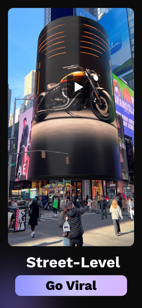 CGI Video Ads Maker - VFX Ads - 大きなビルボードに映し出された3DバイクのストリートレベルCGI動画広告の例