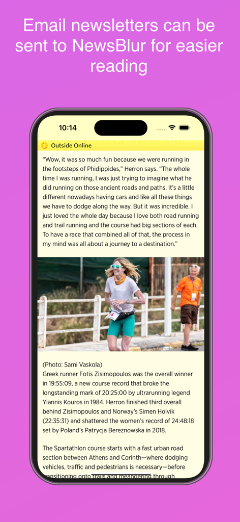 iPhoneのNewsBlur RSSリーダーアプリ。メールニュースレターの記事を表示しています。