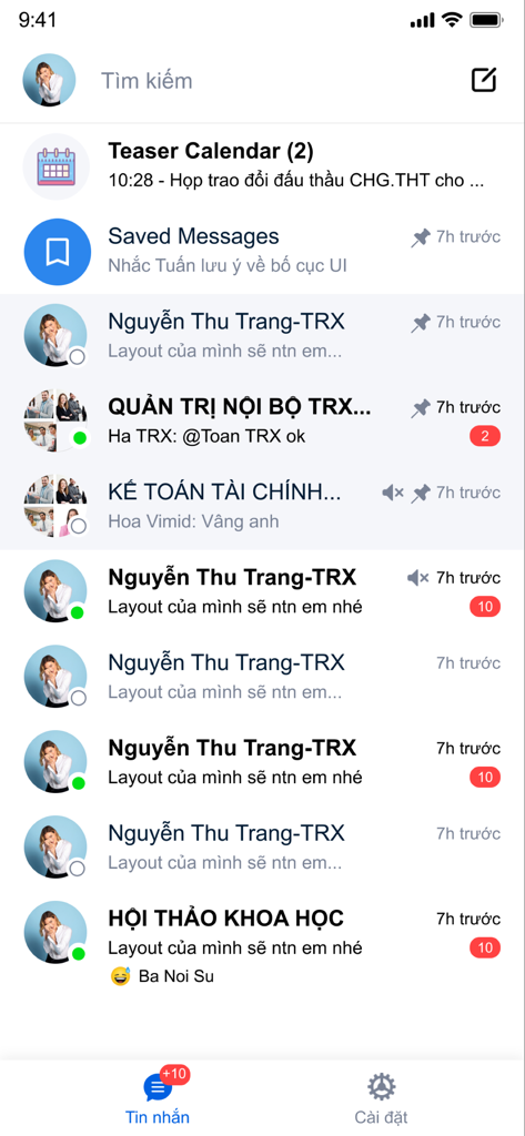 Interfaz de la aplicación Teaser Messenger mostrando una lista de conversaciones con notificaciones de mensajes no leídos y una barra de búsqueda en un dispositivo móvil