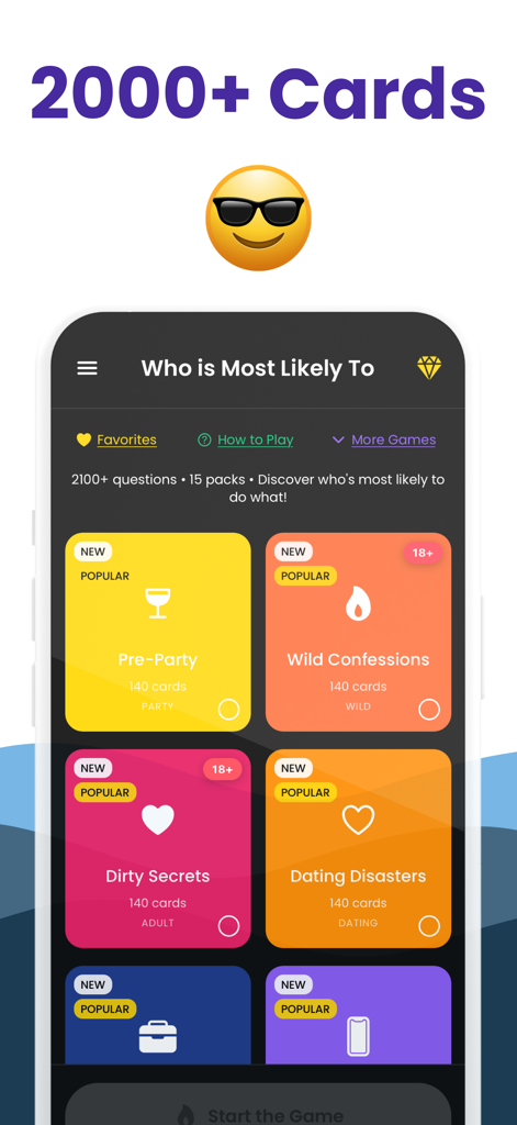 Most Likely To: Dirty Adult - Pantalla de la aplicación móvil para Most Likely To Dirty Adult mostrando diferentes categorías de juegos de fiesta como Pre-Party y Wild Confessions.