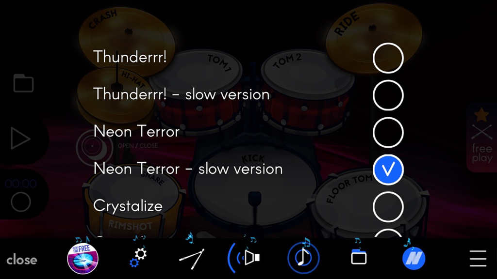 Real Drums 3D - Song selection menu for Real Drums 3D app showing various drum tracks