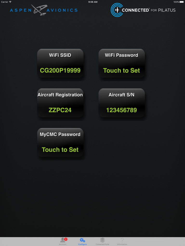 Connected for Pilatus - Configuration interface of the Connected for Pilatus app for aircraft data setup