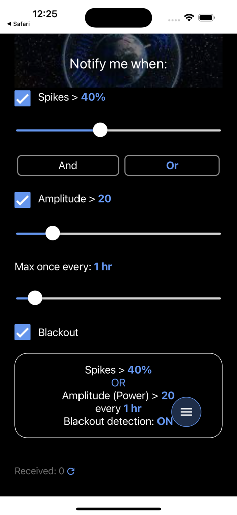 Schumann Resonance - Customizable notification settings for Schumann Resonance spikes and amplitude