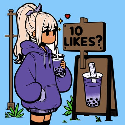 girl with oversized hoodie drinking boba and she has a high ponytail with a sign that says 10likes?