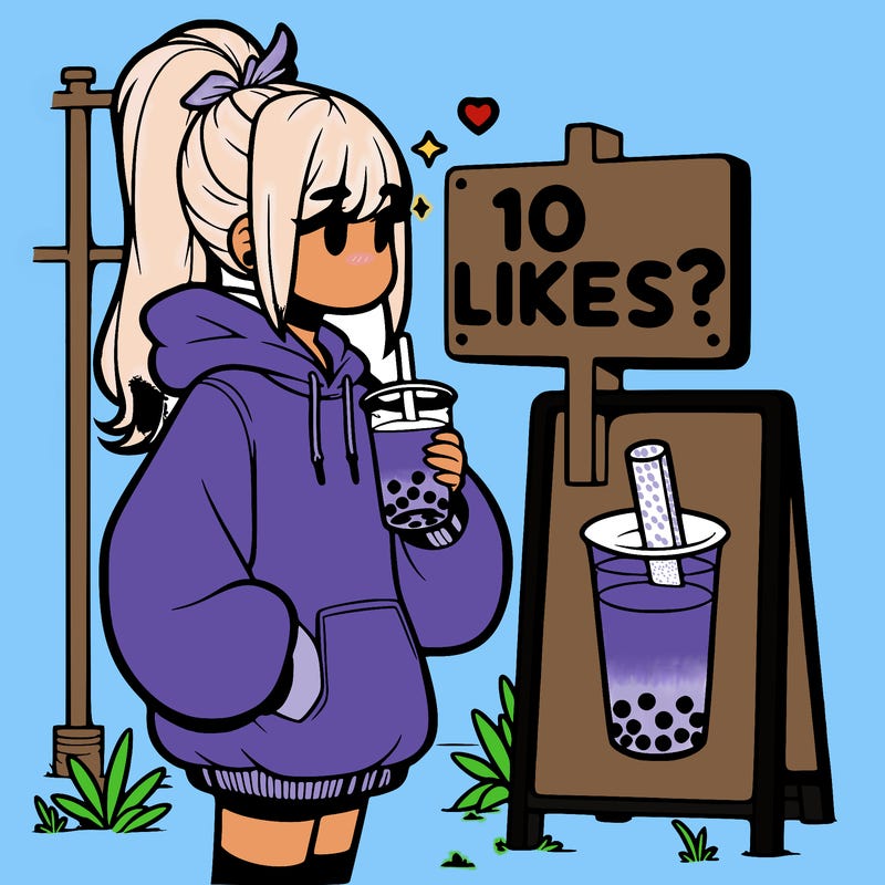 girl with oversized hoodie drinking boba and she has a high ponytail with a sign that says 10likes?