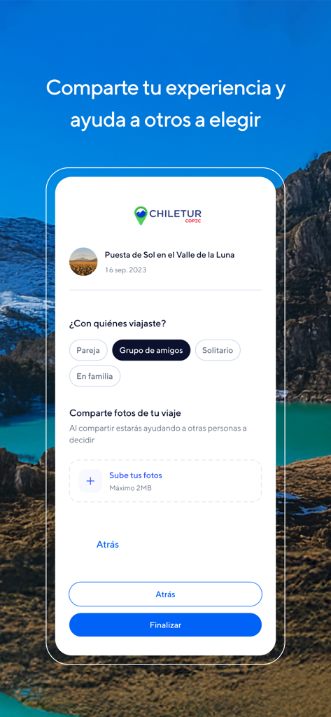 Chiletur - Interfaz móvil para que los usuarios compartan reseñas de viajes y suban fotos de viajes en la aplicación Chiletur
