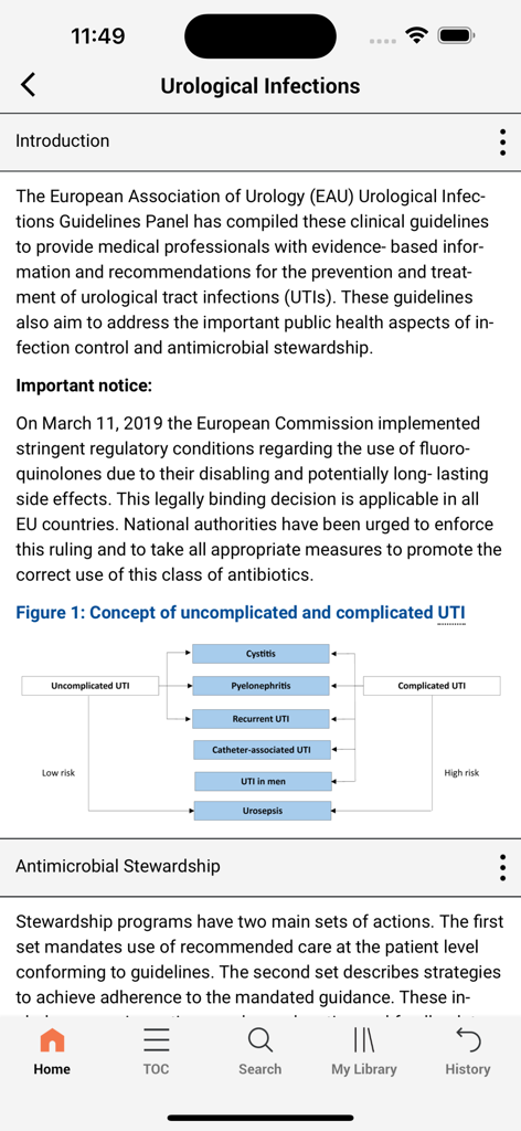 Aplicación móvil EAU Guidelines mostrando recomendaciones clínicas para infecciones urológicas y un diagrama de flujo de clasificación de ITU.