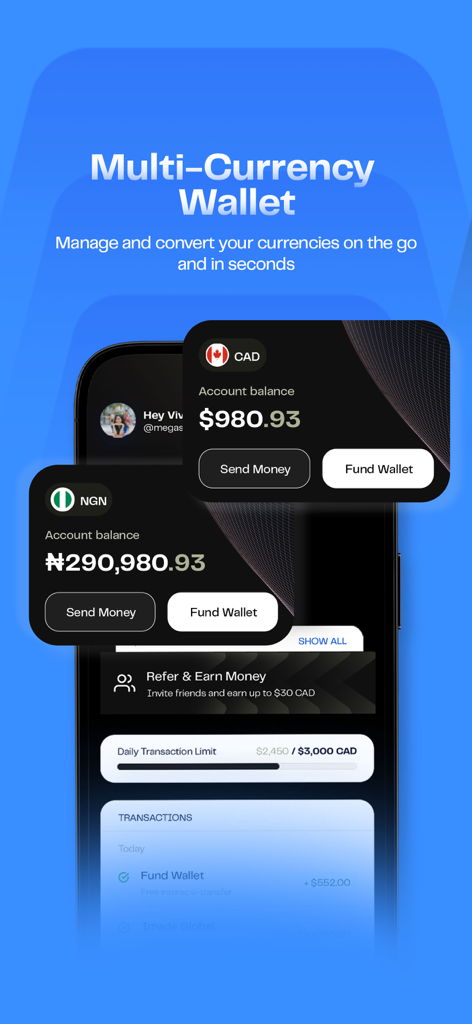 Pesa (Formerly Pesapeer) - Interface do aplicativo móvel Pesa mostrando carteiras multimoeda para CAD e NGN com detalhes de saldo da conta