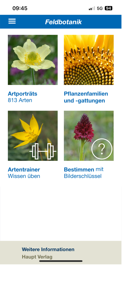 Home screen of the Feldbotanik app featuring modules for species portraits, plant families, a species trainer, and identification tools