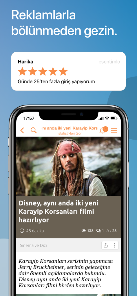 A mobile smartphone displaying the DH Teknoloji Haberleri app with a news article and user rating