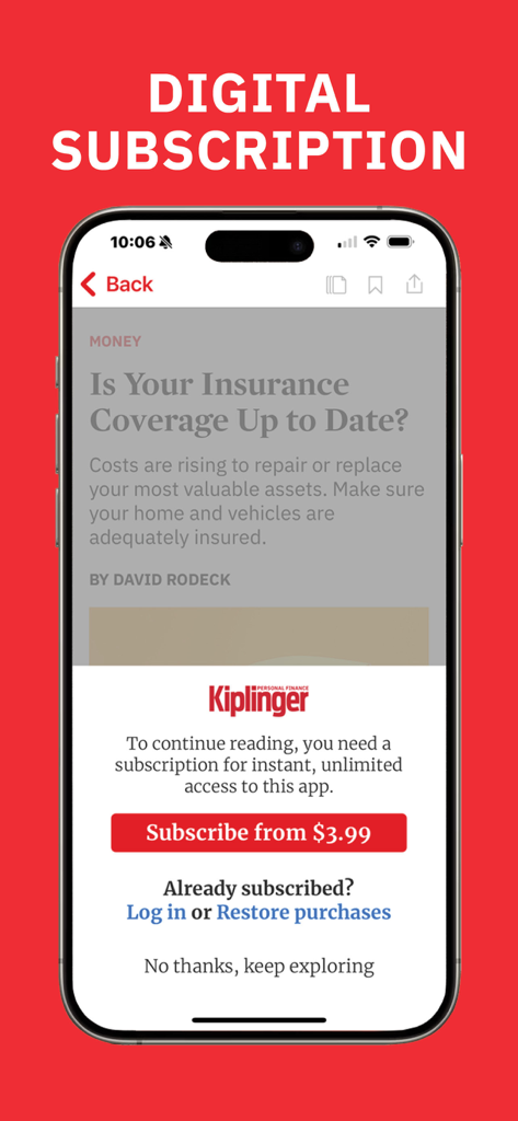 Kiplinger Personal Finance digitale Abonnement-Bildschirmansicht mit Artikelvorschau und Preisen