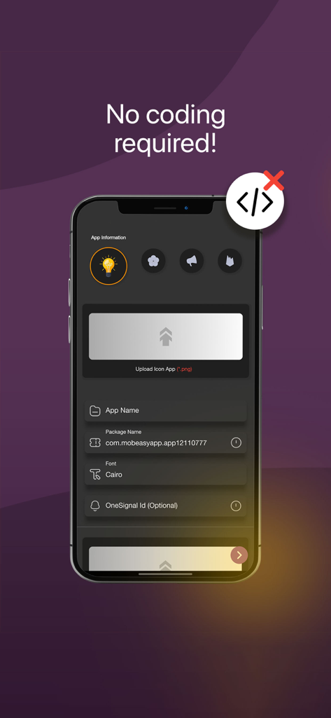 MobEasy - MobEasy app builder screen showing app setup with the text No coding required