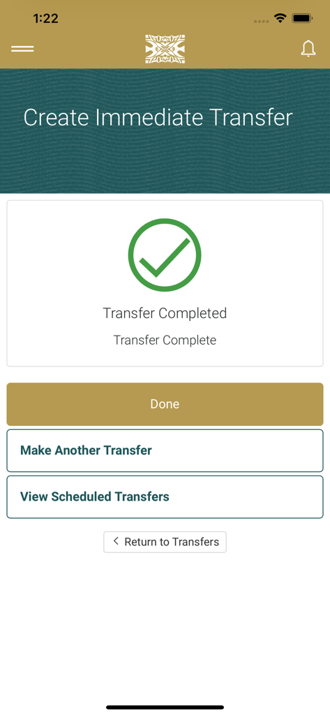 TBAS - TBAS mobile banking app screen showing a successful fund transfer confirmation with a green checkmark.