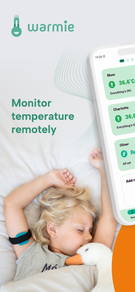 Warmie sensor - A child sleeping with a Warmie arm sensor alongside the app showing remote temperature readings for the family