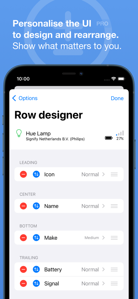 Bluetooth Inspector - Screenshot of the Bluetooth Inspector app row designer interface for personalizing the display of device data like battery and signal strength.
