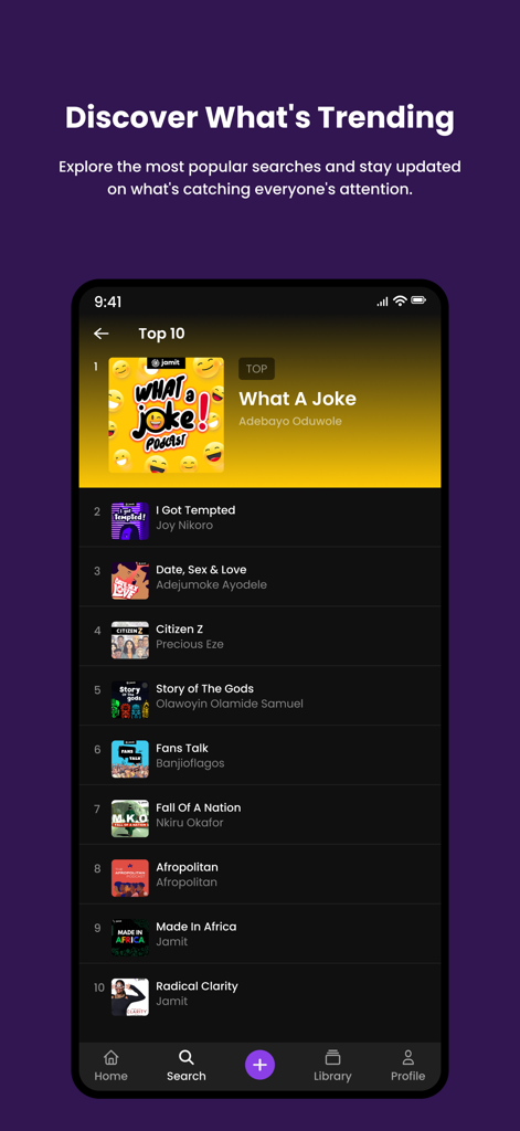 Jamit: Stories, Podcasts & AI - Uma tela de celular mostrando uma lista dos 10 principais podcasts e histórias de áudio em alta no aplicativo Jamit.