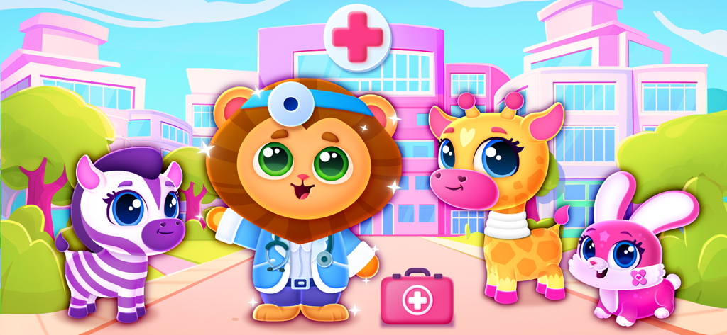 Animal Hospital — Baby Games - Cartoon lion doctor with a giraffe, zebra, and rabbit in front of a colorful animal hospital