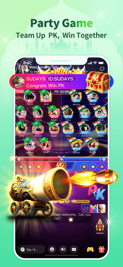 Famy - Interface of the Famy app showing a team-based party game battle with a cannon and international user avatars