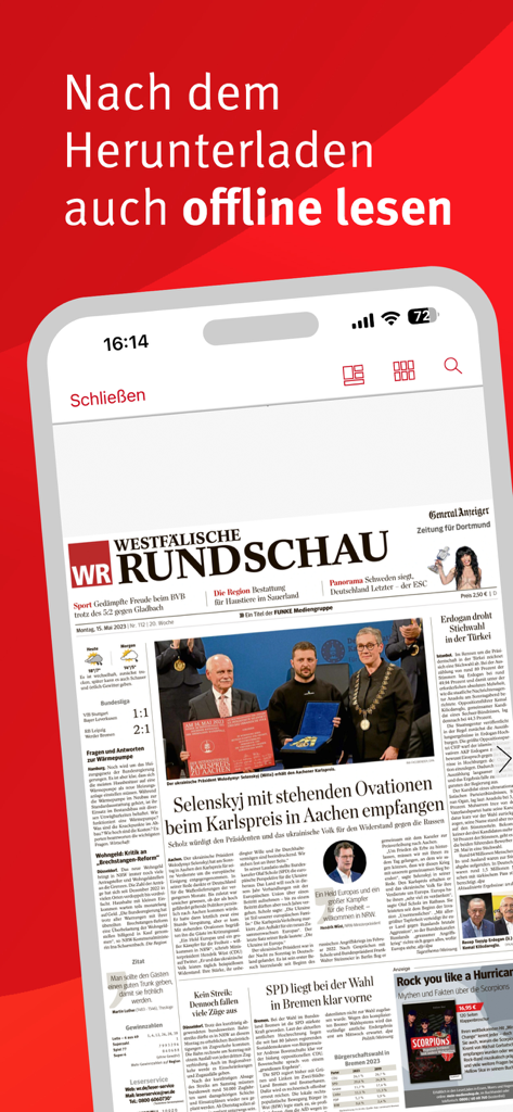Smartphone-Bildschirm mit der digitalen Zeitung Westfälische Rundschau mit einer Schlagzeile über Selenskyj und einer Meldung zum Offline-Lesen.