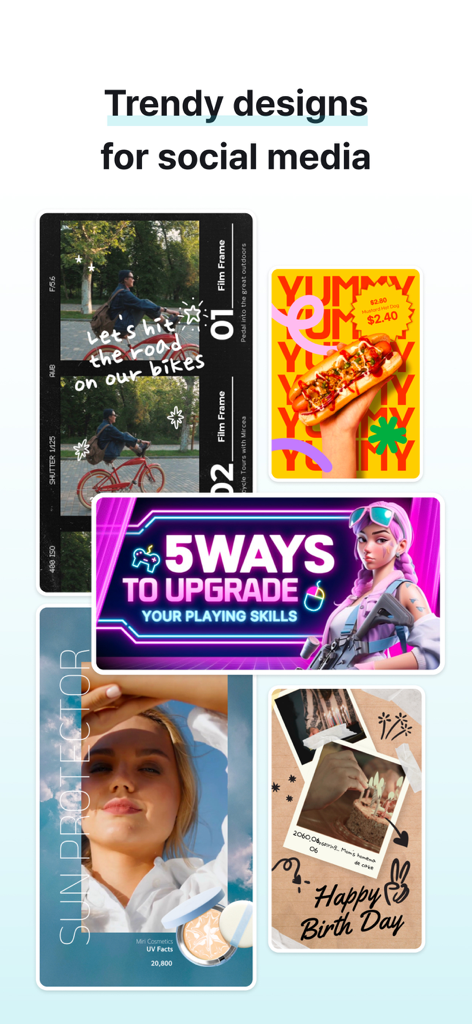 MiriCanvas: Poster, PPT design - A variety of trendy social media design templates from the MiriCanvas app including gaming thumbnails and lifestyle posts