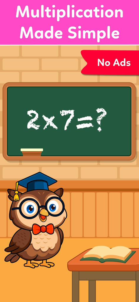 Multiplication Games For Kids+ - Educational game screen showing a multiplication problem on a chalkboard with a cartoon owl mascot