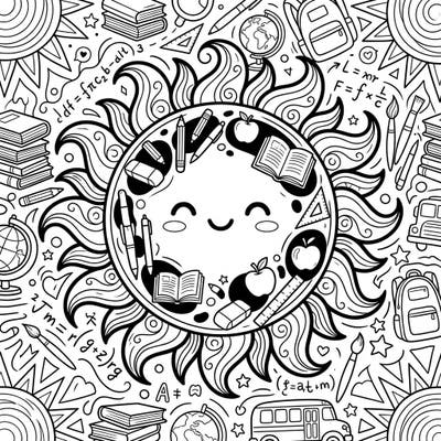 Get ready for the new academic year with this fun and educational coloring page featuring a whimsical sunspot adorned with school essentials. It's the perfect blend of solar charm and back-to-school excitement, inviting you to bring vibrant colors to learning.