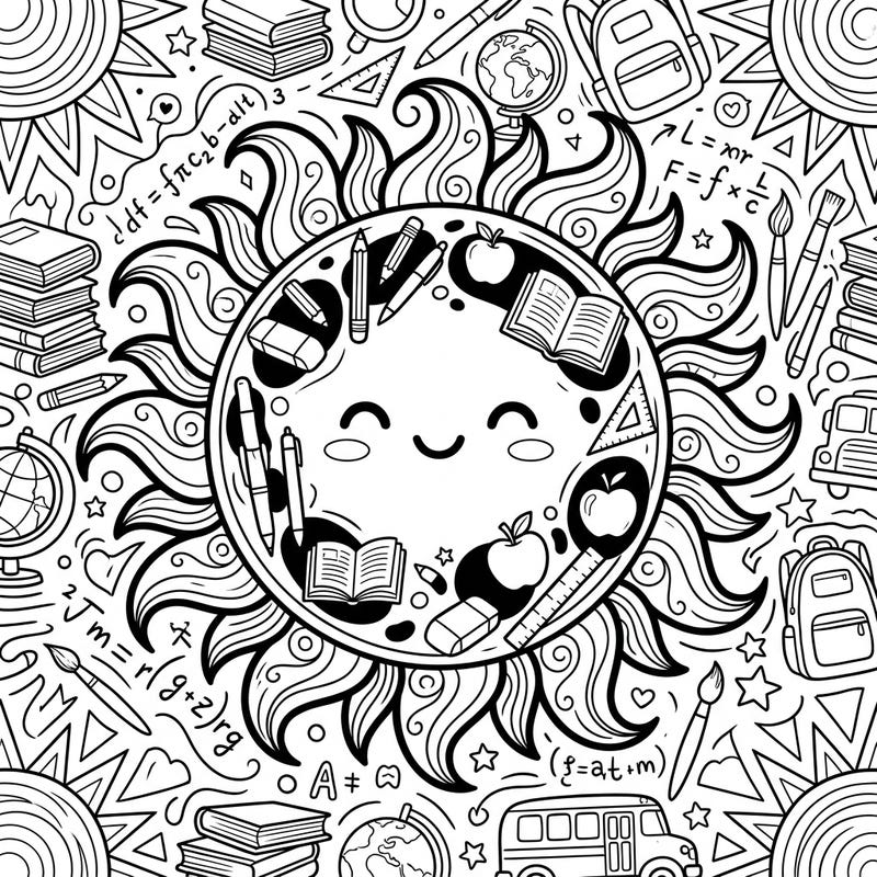 Get ready for the new academic year with this fun and educational coloring page featuring a whimsical sunspot adorned with school essentials. It's the perfect blend of solar charm and back-to-school excitement, inviting you to bring vibrant colors to learning.