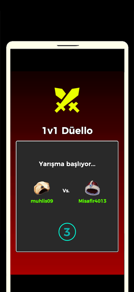 İslami soru cevap oyunu - A 1v1 duel screen in the Islamic Q&A game showing a countdown and two players with traditional headwear icons