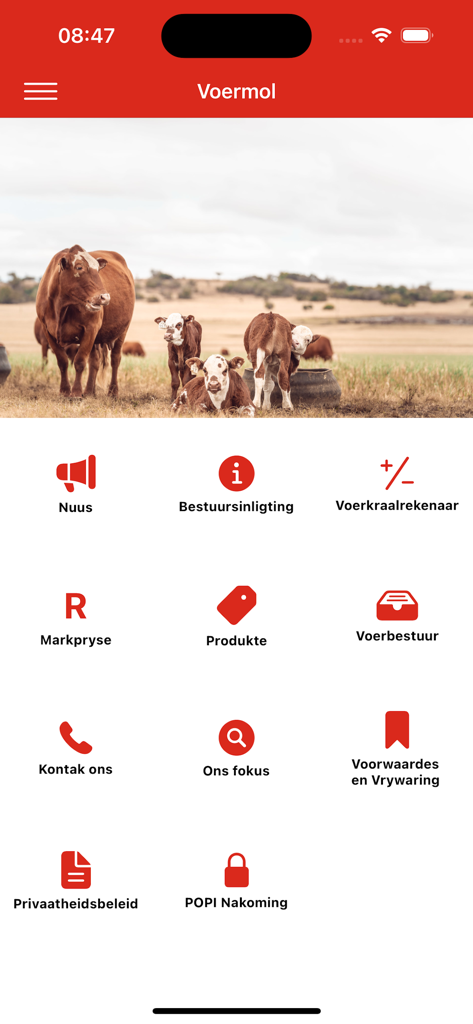 Voermol - Startbildschirm der Voermol-App mit Rinderbild und Symbolen für landwirtschaftliches Management.