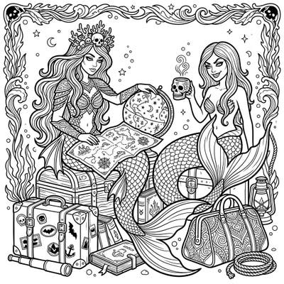 Unleash your creativity with this unique Dark Mermaids Vacation coloring page. Join these enchanting, gothic sea-dwellers as they embark on a thrilling travel adventure filled with mysterious treasures and distant lands.
