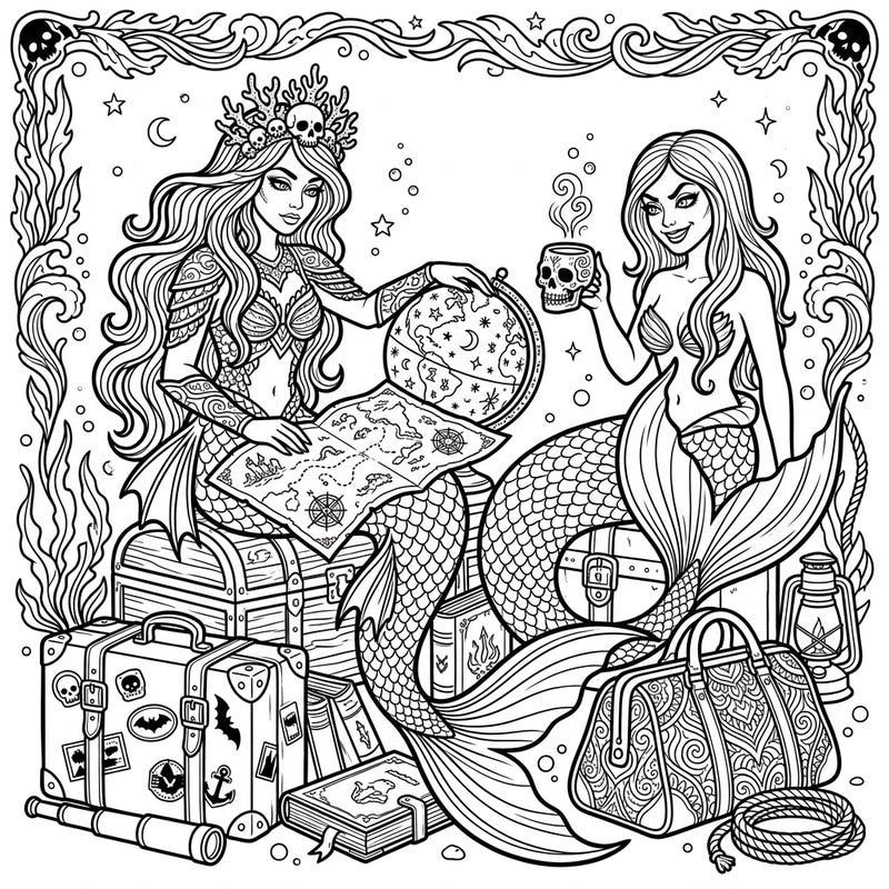 Unleash your creativity with this unique Dark Mermaids Vacation coloring page. Join these enchanting, gothic sea-dwellers as they embark on a thrilling travel adventure filled with mysterious treasures and distant lands.