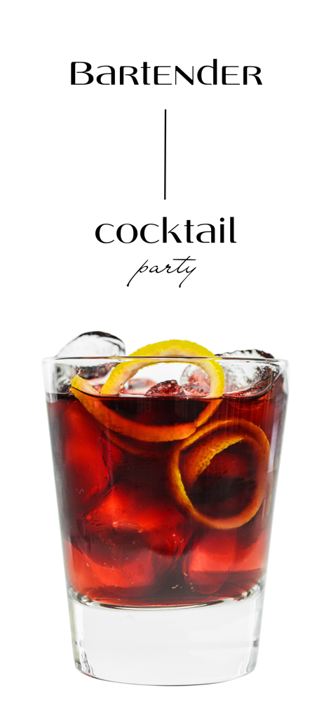 빨간색 칵테일과 오렌지 껍질 가니쉬가 잔에 담겨 있고 그 위에 Bartender cocktail party 텍스트가 있습니다.