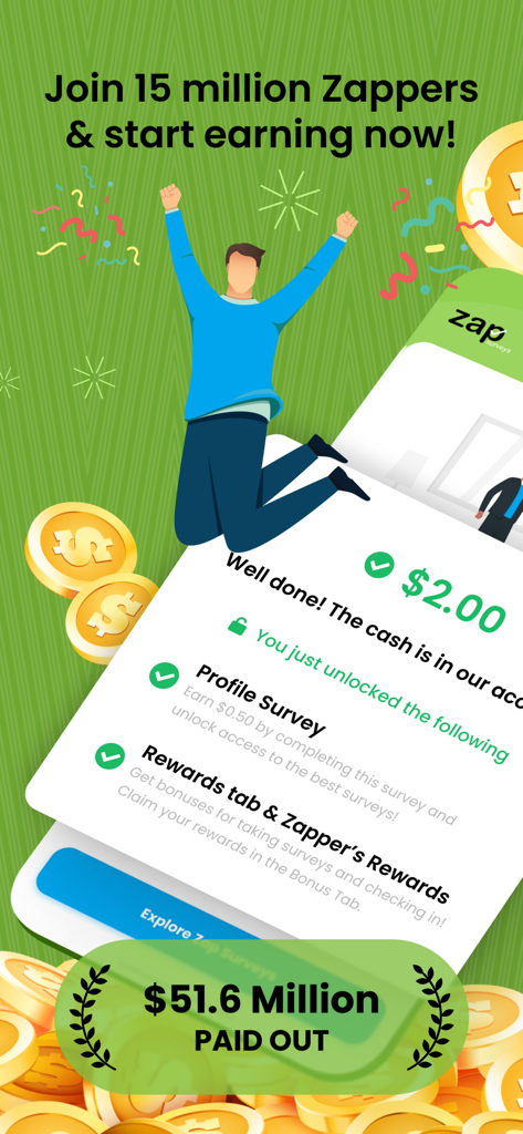 2ドルの収益と5,100万ドルの支払い実績を強調するZap Surveysのプロモーション画面。