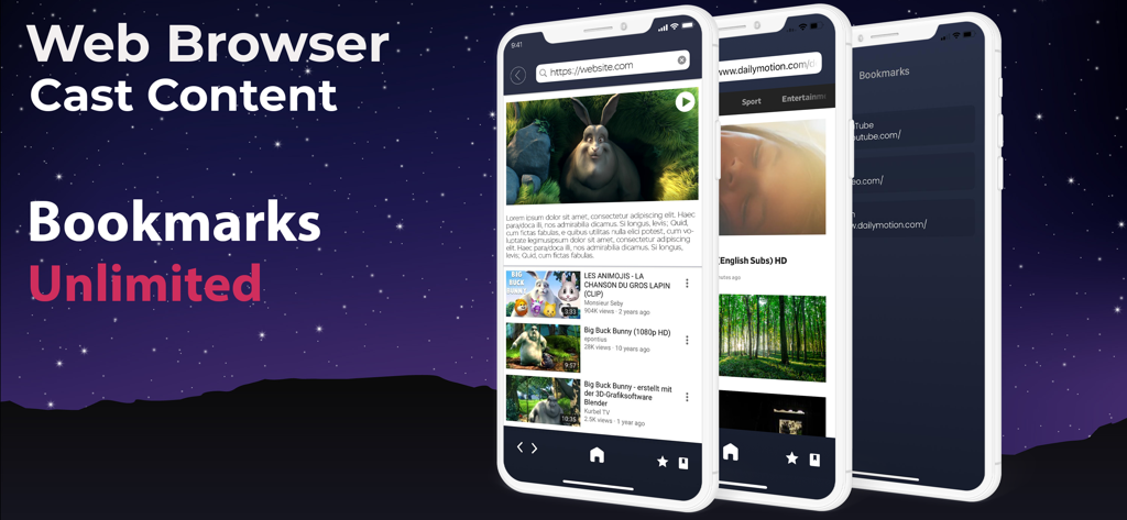Interface do aplicativo mostrando transmissão de conteúdo do navegador da web e favoritos ilimitados em iPhones