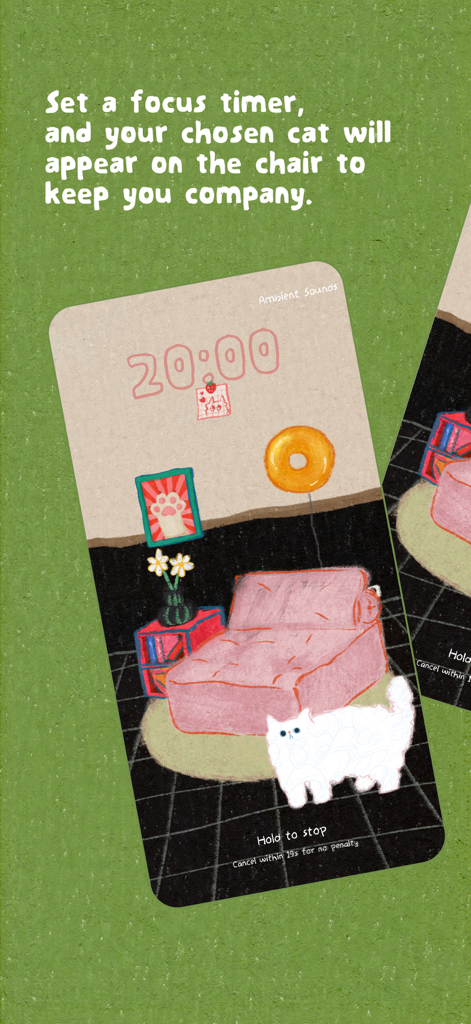 Cat On Chair: ADHD Focus - A hand-drawn illustration of a white cat in a cozy room with a twenty-minute focus timer displayed above a pink chair.