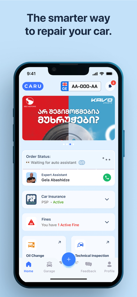 Caru.Ge - Caru mobile app home screen showing order status, car insurance, and active fines