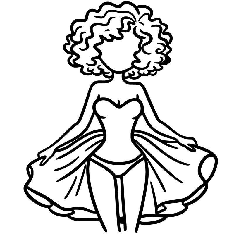a very thin curly woman with short hair and a costume with a skirt that can only be seen up to her pelvis