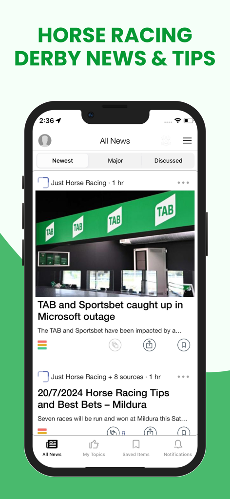 Horse Racing Derby News & Tips - La interfaz principal de noticias de la aplicación Horse Racing Derby News and Tips en un iPhone.