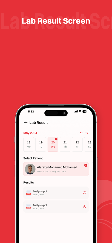 Abdul Latif Jameel Hospital - Pantalla de resultados de laboratorio en la aplicación móvil del Hospital Abdul Latif Jameel que muestra una lista de informes médicos del paciente.